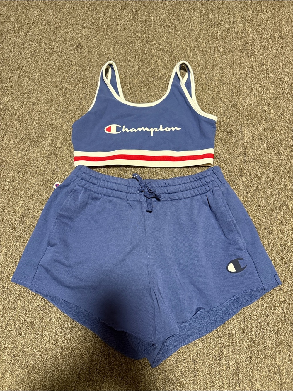 Champion Blue and White Crop Sports Bra with Matching Blue Shorts